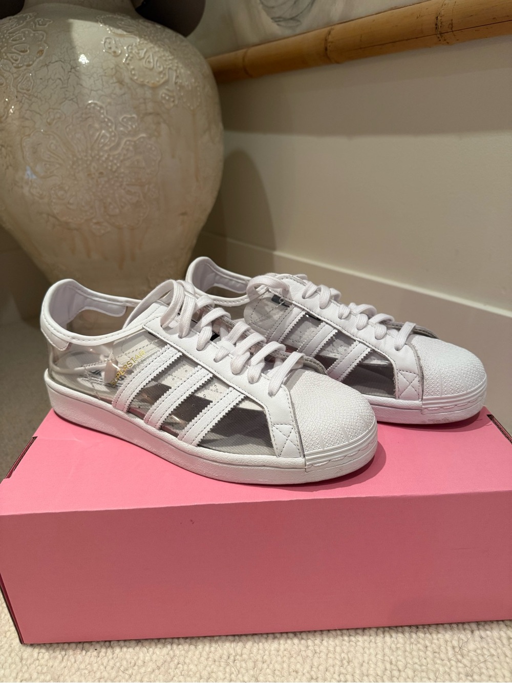 adidas Women's White Clear-Panel Superstar Sneaker 8 fits like 9